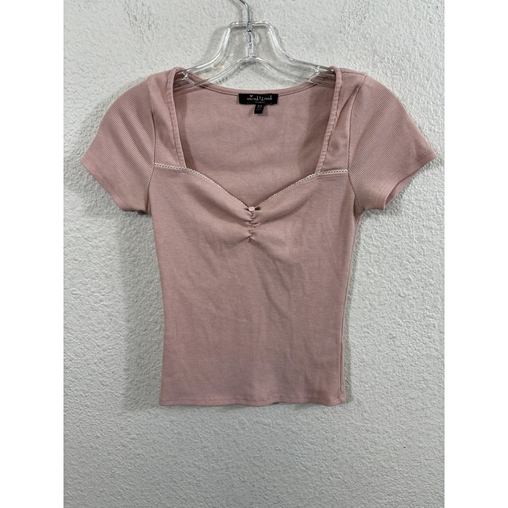 Mixed Thread Shirt Womens‎ XS Pink Ribbed Square Neck Ruched Y2K - Picture 4 of 8